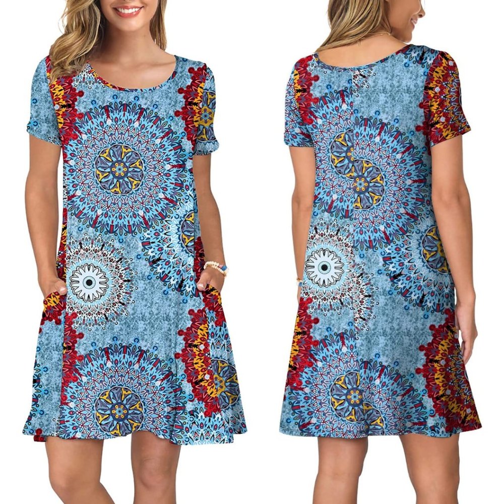 KORSIS Women's Casual Short Sleeve Swing T-Shirt Dress with Pockets Size M